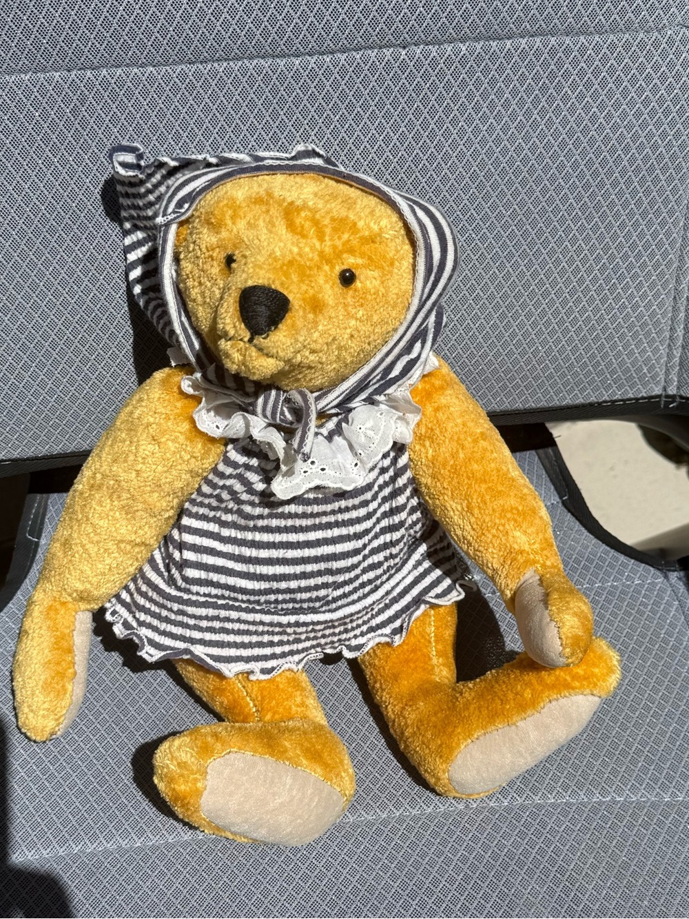 Vintage Gold Mohair-Style Teddy Bear in Striped Seersucker Dress & Bonnet